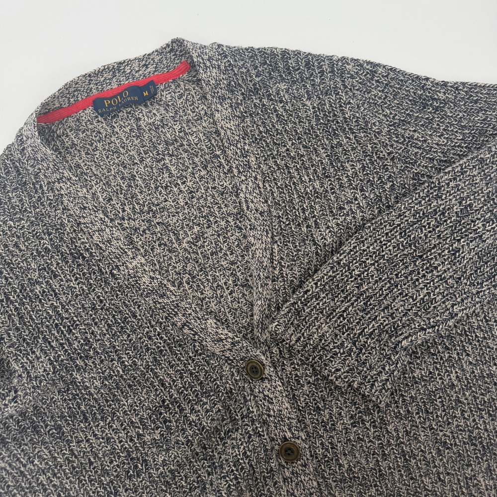 Polo Ralph Lauren Womens Navy Blue Marled Linen Cotton V-Neck Cardigan Sweater M